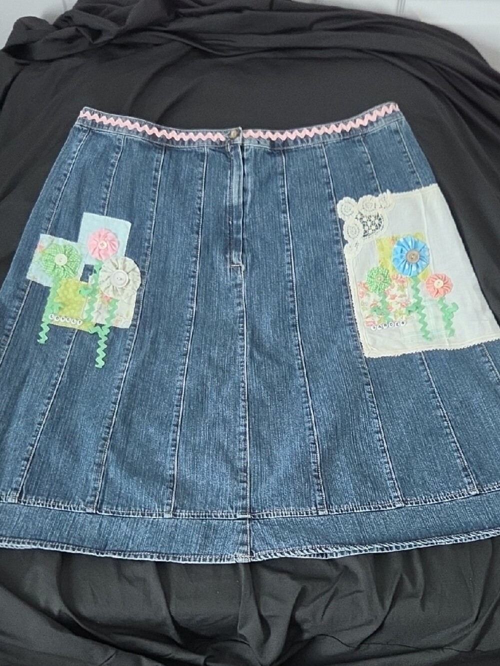 Sonoma Blue Denim A-Line Skirt with Floral Patch Accents